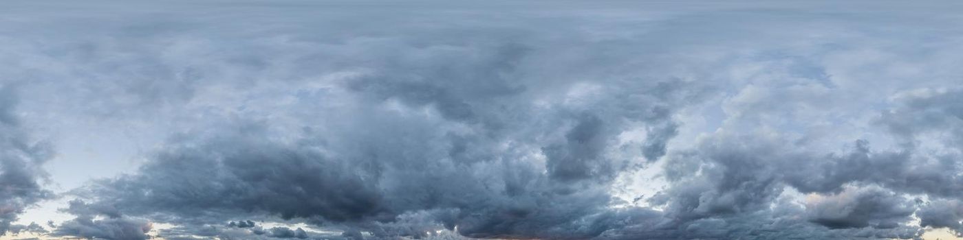 Sky panorama on overcast rainy day with low clouds in seamless spherical equirectangular format. Complete zenith for use in 3D graphics, game and for aerial drone 360 degree panorama as a sky dome.
