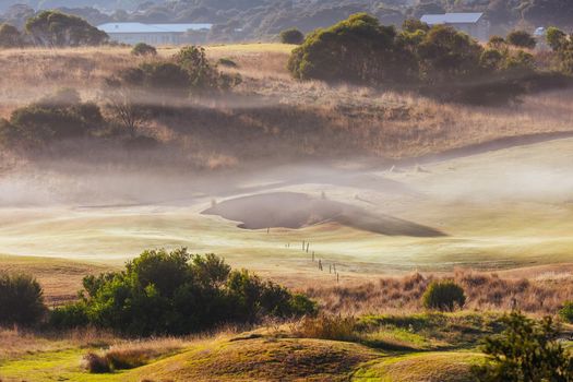 A golf course on the Mornington Peninsula on an autumn morning in Victoria, Australia