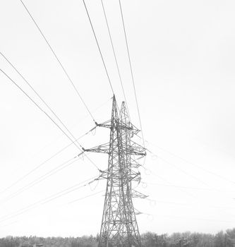 Power Tower in the Winter Day, Beautiful Landscape Illustration of Energy Industry