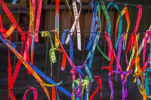 Colorful Lord of Bonfim ribbon tapes symbol of faith and good luck in Trancoso, BAHIA