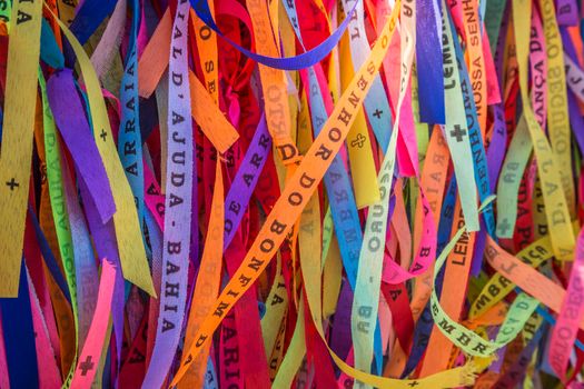 Colorful Lord of Bonfim ribbon tapes symbol of faith and good luck in Trancoso, BAHIA