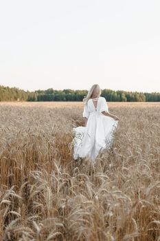 A blonde woman in a long white dress walks in a wheat field. The concept of a wedding and walking in nature.