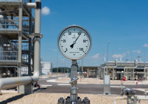 Close-up of a high pressure manometer at a natural gas pipeline compressor station.