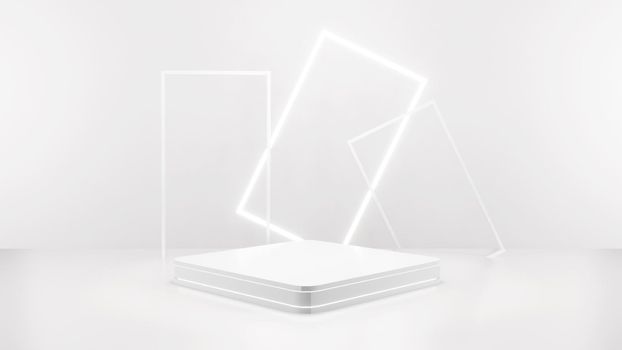 Geometric shape background in the white and grey studio room, minimalist mockup for podium display or showcase, 3d rendering