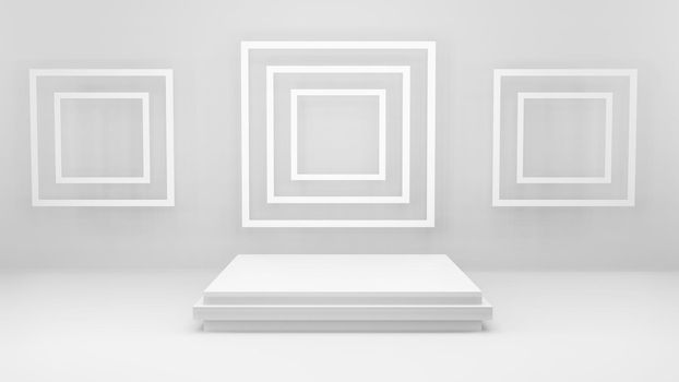 Geometric shape background in the white and grey studio room, minimalist mockup for podium display or showcase, 3d rendering