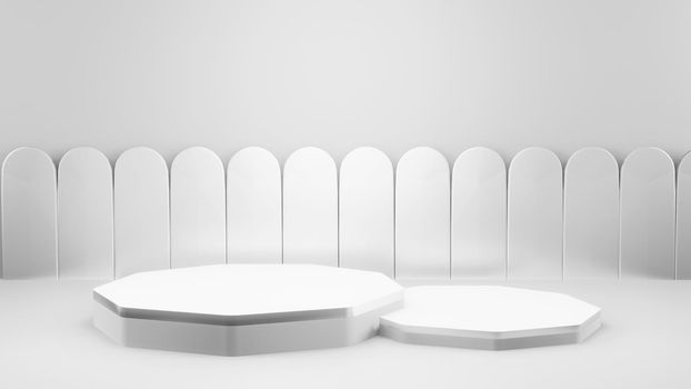 Geometric shape background in the white and grey studio room, minimalist mockup for podium display or showcase, 3d rendering