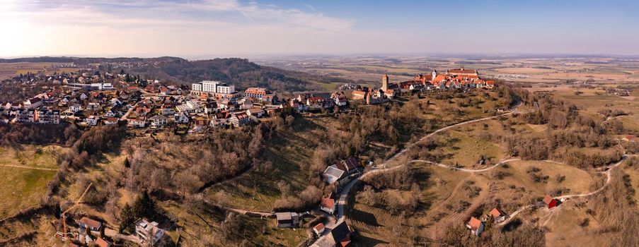 Aerial view panorama of Waldenburg in Hohenlohe, Baden-Wuerttemberg, Germany