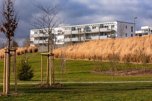 A flat roof apartment block in a new urban development with a green area