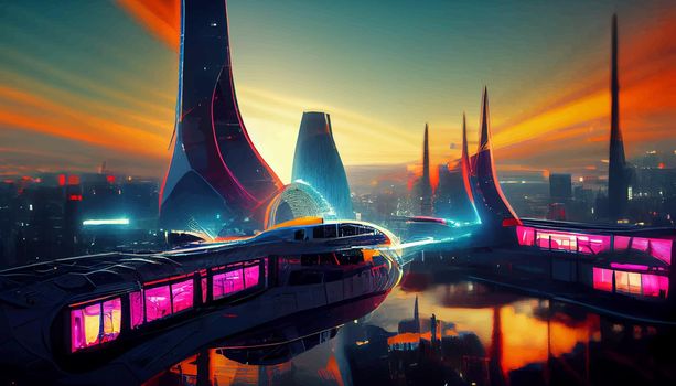 Spaceship up to Futuristic City neon ligths Fractal architecture illustration. illustration for wallpaper.