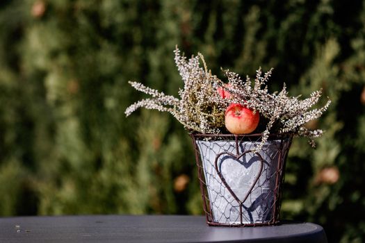 A flower arrangement with apple on a dark background
