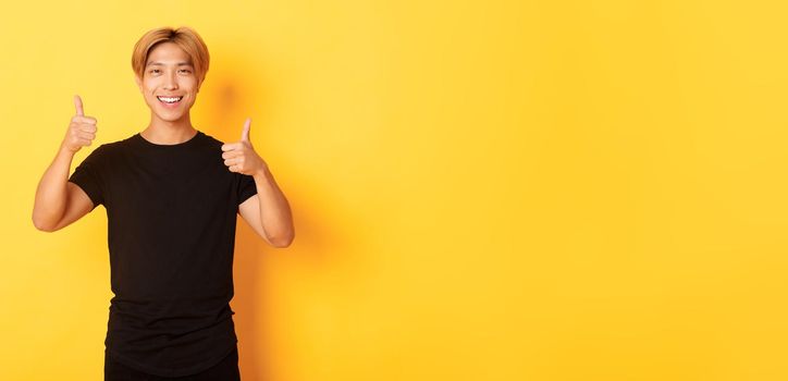 Portrait of satisfied asian man smiling and showing thumbs-up over yellow background.