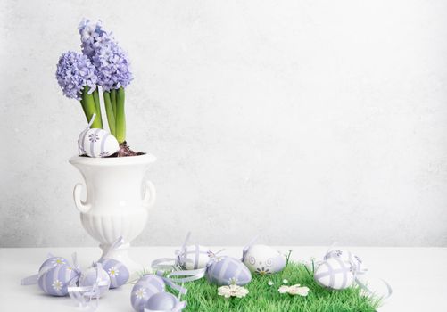 Easter eggs and Lilac hyacinth in a vase, spring still life, copy space. High quality photo