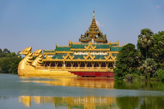 The replica of the royal barge in Kandawgyi Lake in Yangon, Myanmar