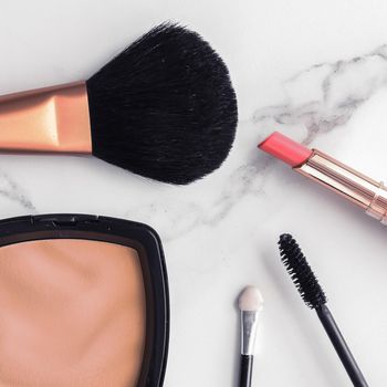 Modern feminine lifestyle, blog background and styled stock concept. Beauty and fashion inspiration - Make-up and cosmetics flatlay on marble