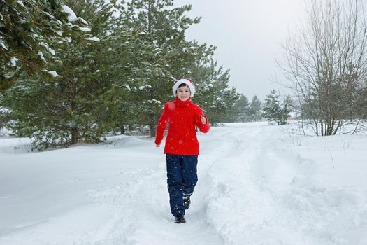 a happy teenager in a red sweater and a red santa claus hat run in the winter in the park, near the pines in the snow, smiling. copy space