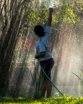 AQUIDAUAUNA, BRAZIL. JUNE 30, 2022: A young woman watering plants on an extremely hot day in Brazil.