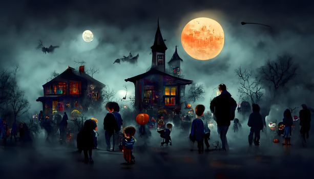 children playing on night halloween street, american neighborhood background, neural network generated art. Digitally generated image. Not based on any actual scene or pattern.