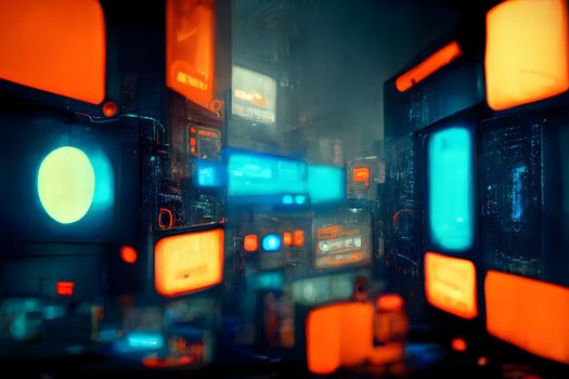 abstract teal-orange hight-tech cyberpunk background, neural network generated art.