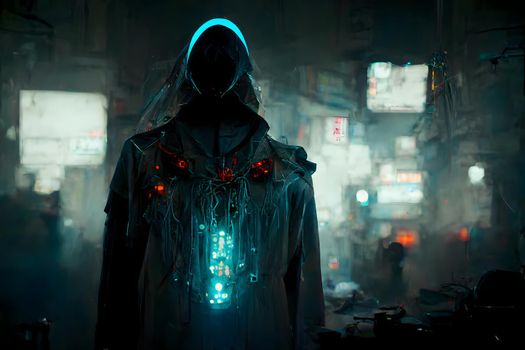 dark cybermage, cyberpunk sorcerer in a cloak with a hood, neural network generated art. Digitally generated image. Not based on any actual scene or pattern.