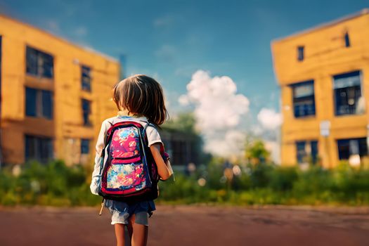 Back facing little girl with backpack looking at school building at sunny summer day, neural network generated art. Digitally generated image. Not based on any actual scene or pattern.