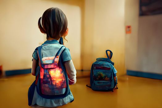 Back facing little girl with backpack standing alone in school building at sunny day, neural network generated art. Digitally generated image. Not based on any actual scene or pattern.