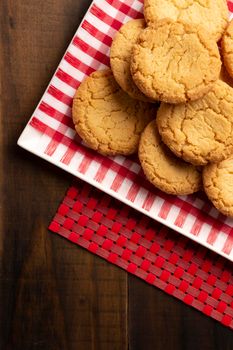 Top view of Homemade crunchy cookies on wooden rustic table