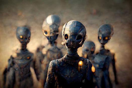 group of ugly barely humanoid aliens in ominous misty atmosphere, neural network generated art. Digitally generated image. Not based on any actual scene or pattern.