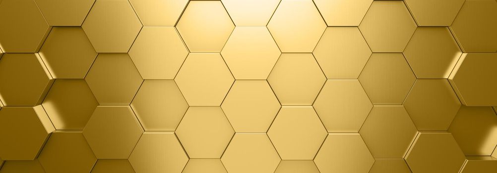 Gold metallic honeycomb and hexagon background pattern. 3d rendering