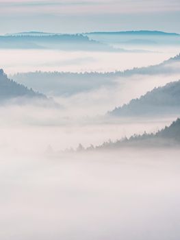 Aerial view over misty forest with haze at sunrise and hills. Sunrise over horizon
