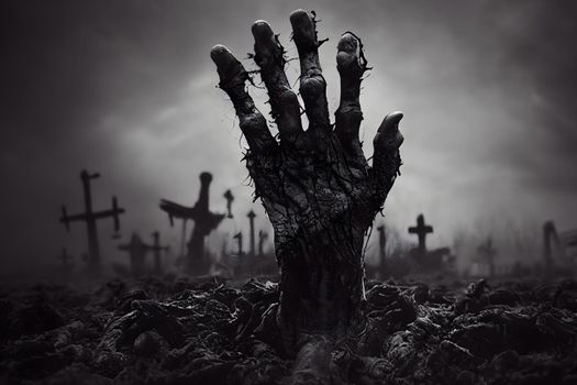 zombie hand rising up from grave in misty night graveyard, famous halloween horror concept, neural network generated art. Digitally generated image. Not based on any actual scene or pattern.
