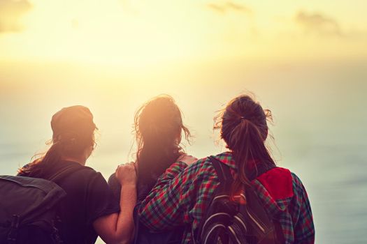 It is a healthy physical exercise that creates wonderful memories. a group of friends on a mountain top