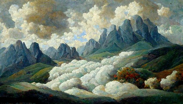 landscape with clouds over the mountains, watercolor illustration. illustration for wallpaper.