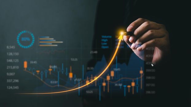 Businessman point increase arrow graph corporate future growth. Planning goal target challenge and business strategy finance investment development concept.