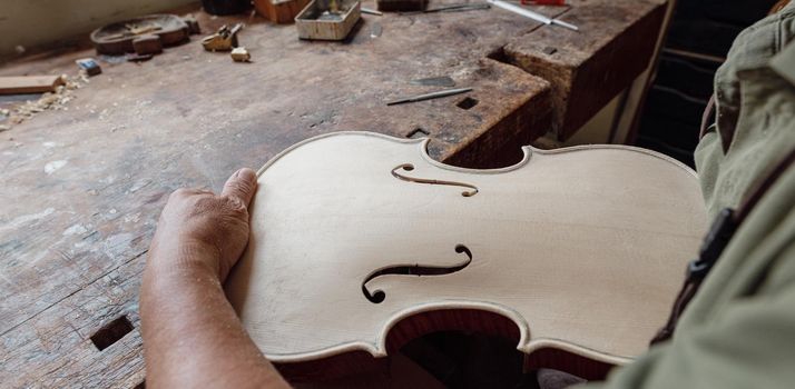 violinmaker at work in his italian workshop