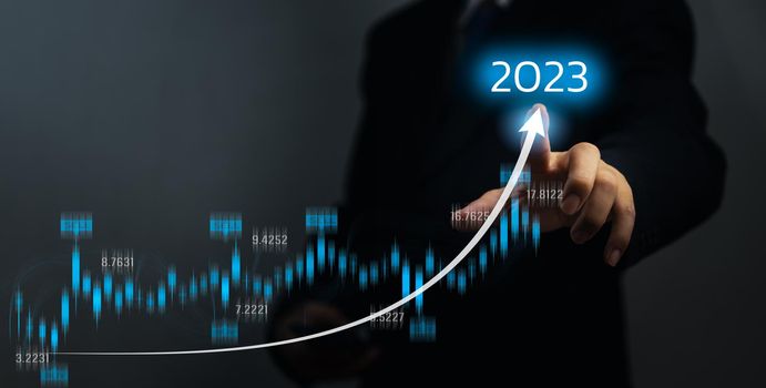 Businessman point increase arrow graph corporate future growth. Planning goal target challenge and business strategy finance investment development concept.