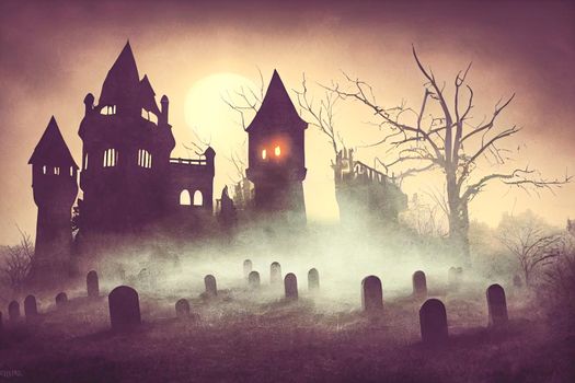 3D illustration Horror Castle Background With Graveyard In Halloween Night. Digital art background.