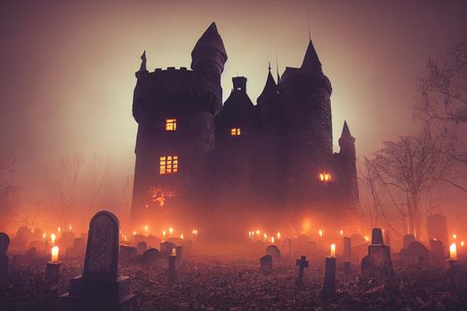 3D illustration Horror Castle Background With Graveyard In Halloween Night. Digital art background.