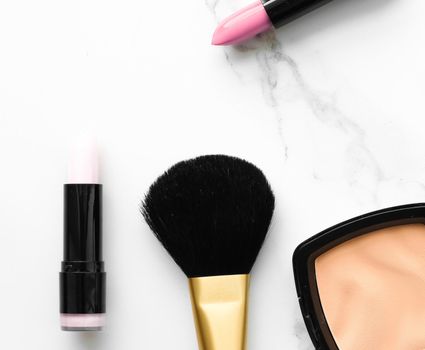 Make-up and cosmetics products on marble, flatlay background - modern feminine lifestyle, beauty blog and fashion inspiration concept