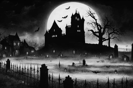 3D illustration Horror Castle Background With Graveyard In Halloween Night. Digital art background.