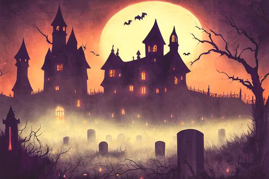 3D illustration Horror Castle Background With Graveyard In Halloween Night. Digital art background.