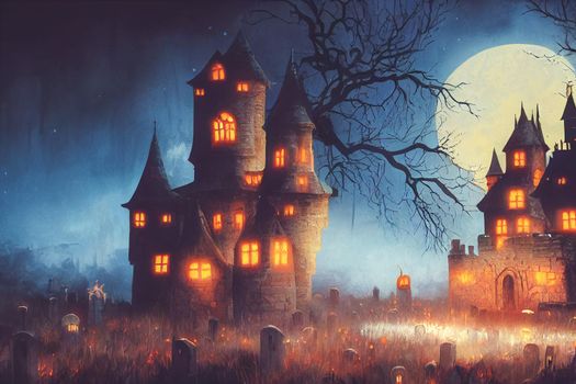 3D illustration Horror Castle Background With Graveyard In Halloween Night. Digital art background.