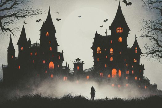 3D illustration Horror Castle Background With Graveyard In Halloween Night. Digital art background.
