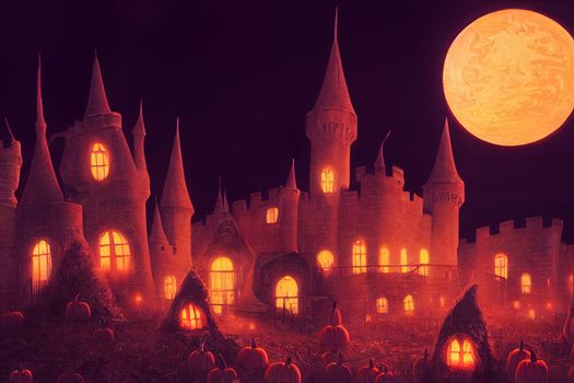 3D illustration Horror Castle Background With Graveyard In Halloween Night. Digital art background.