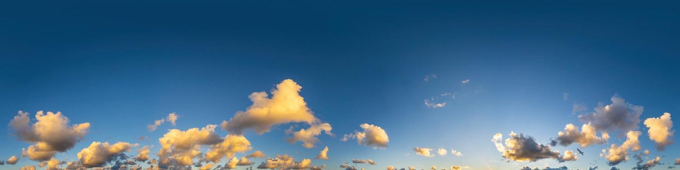 Sky panorama with Cirrus clouds in Seamless spherical equirectangular format. Full zenith for use in 3D graphics, game and editing aerial drone 360 degree panoramas for sky replacement