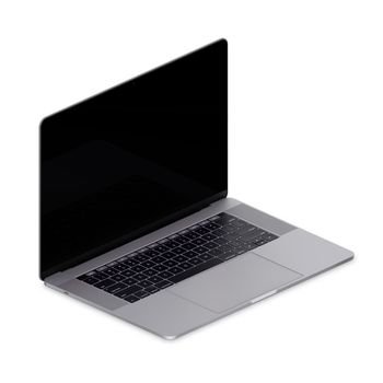 View from an angle.The laptop is isolated on a white background with an empty black screen.Texture or background.An empty space for drawing text.