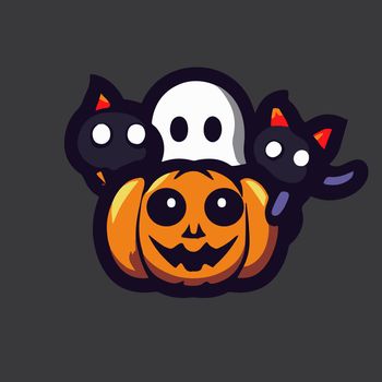 cute halloween ghost whit evil pumpkin and black cat illustration. halloween illustration.
