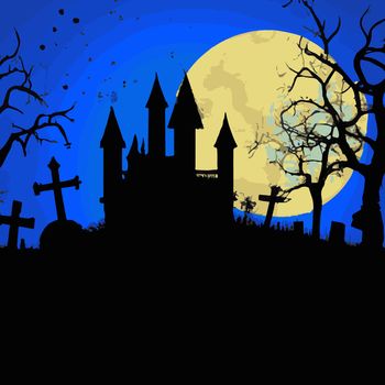 skull on halloween night with evil pumpkins. full moon in cemetery. cementery halloween.