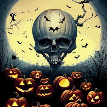 skull on halloween night with evil pumpkins. full moon in cemetery. halloween illustration.