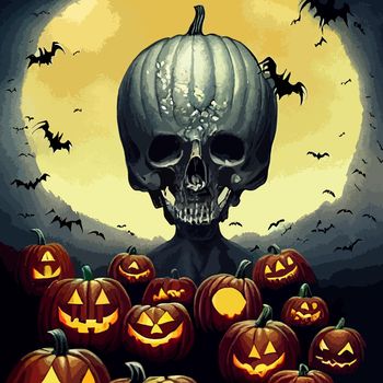 skull on halloween night with evil pumpkins. full moon in cemetery. halloween illustration.