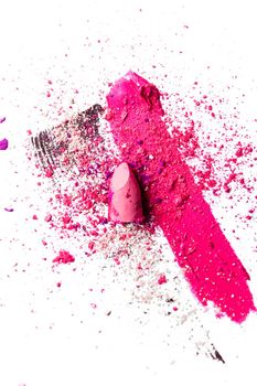 Beauty texture, cosmetic product and art of make-up concept - Lipstick smudge, mascara stroke and crushed eyeshadow isolated on white background